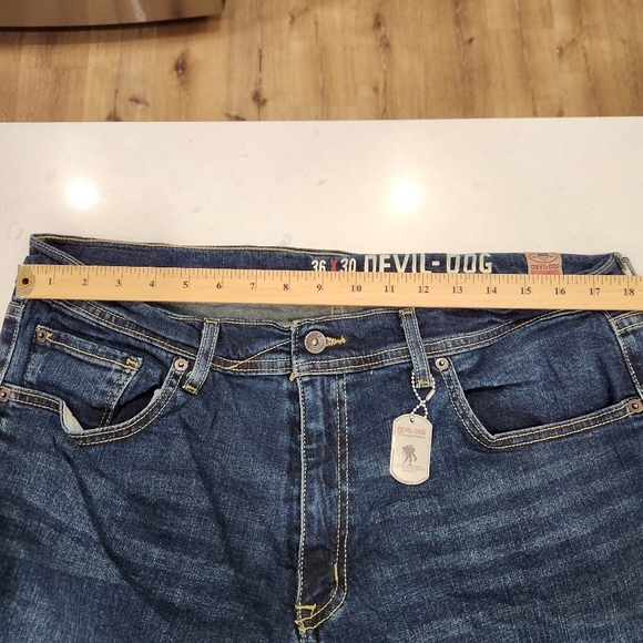 Devil Dog Jeans Dungarees Dark Blue Wash Straight Stretch Denim Mens 36x30 - Picture 11 of 15